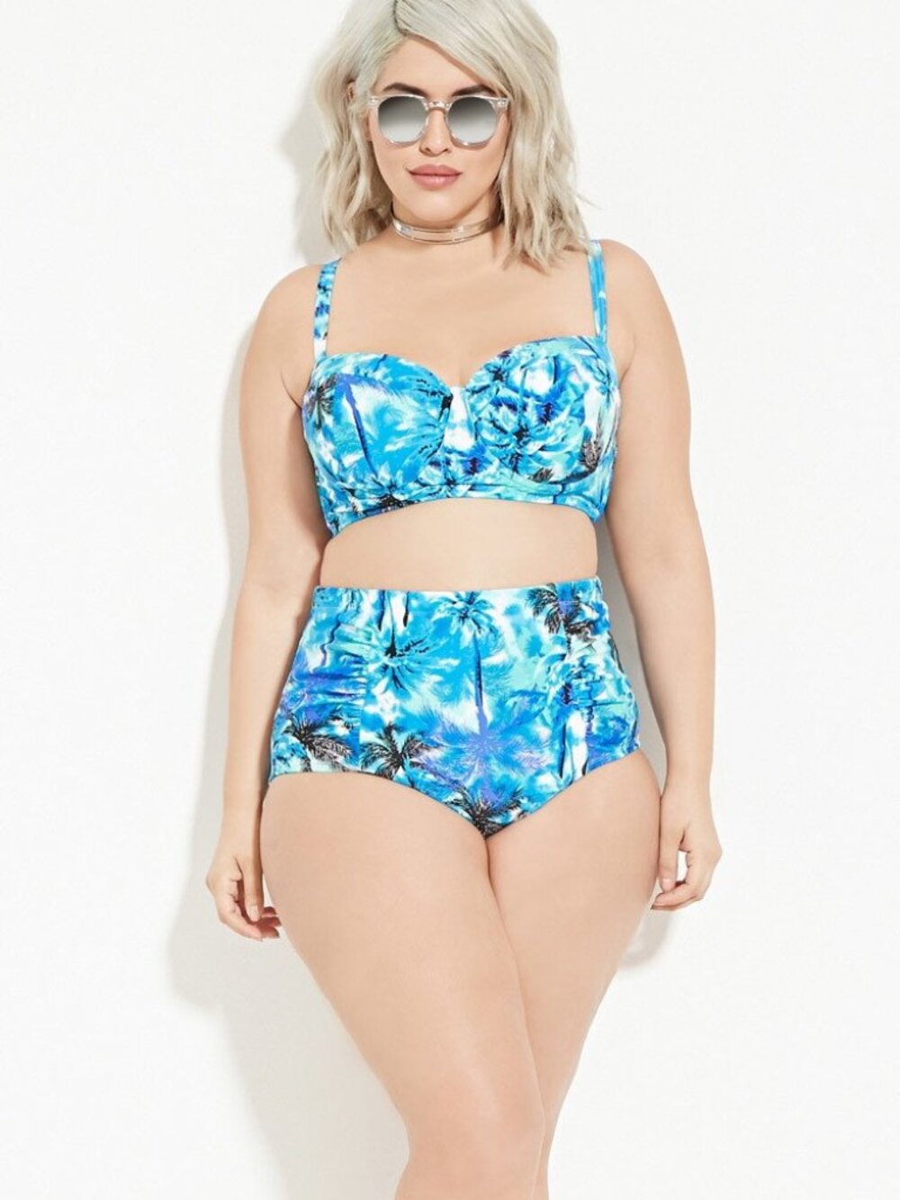 Forever 21+ Plus Blue Palm Tree Print Laceup Bikini Top High Wasited Bottom 3X